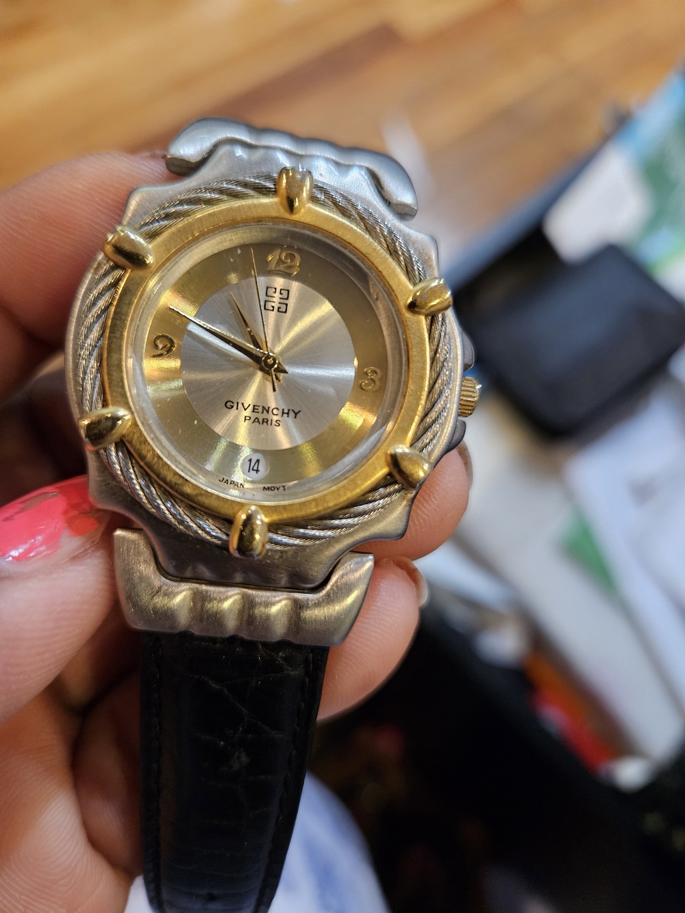 Givenchy Paris Men's Two-Tone Gold & Silver Watch with Black Leather Strap